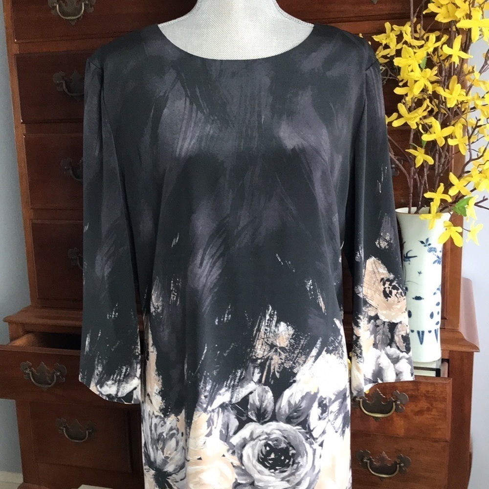 St. John Collection Floral Silk Dress Black Cream Golden Size 12